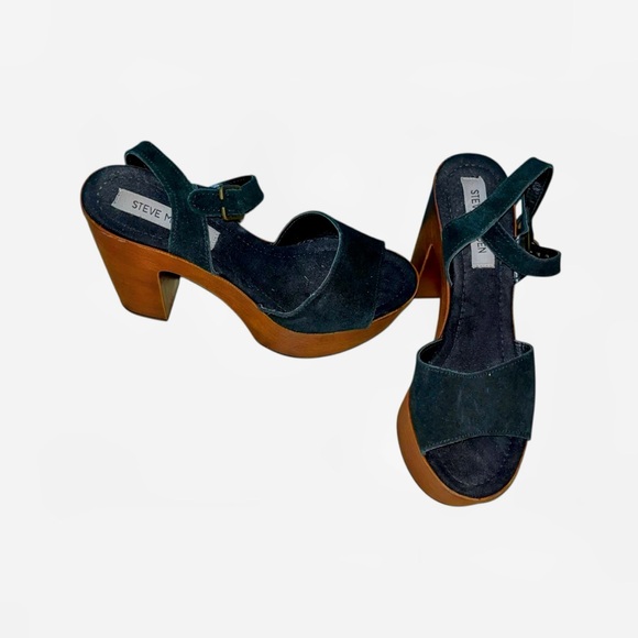Y2K Steve Madden Black Suede Platform Block Wood Heels Sandals 38 US 7.5 retro - Picture 1 of 6